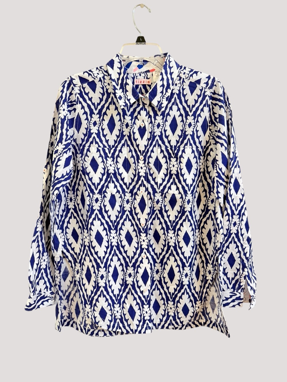 Tizzie white blue geometric ikat diamond print tunic blouse